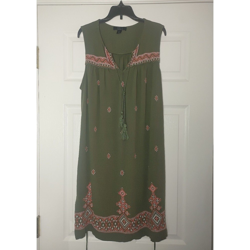 Kelly Renee Boho Mini Dress Size XL Sleeveless Split Neck Embroidered Green